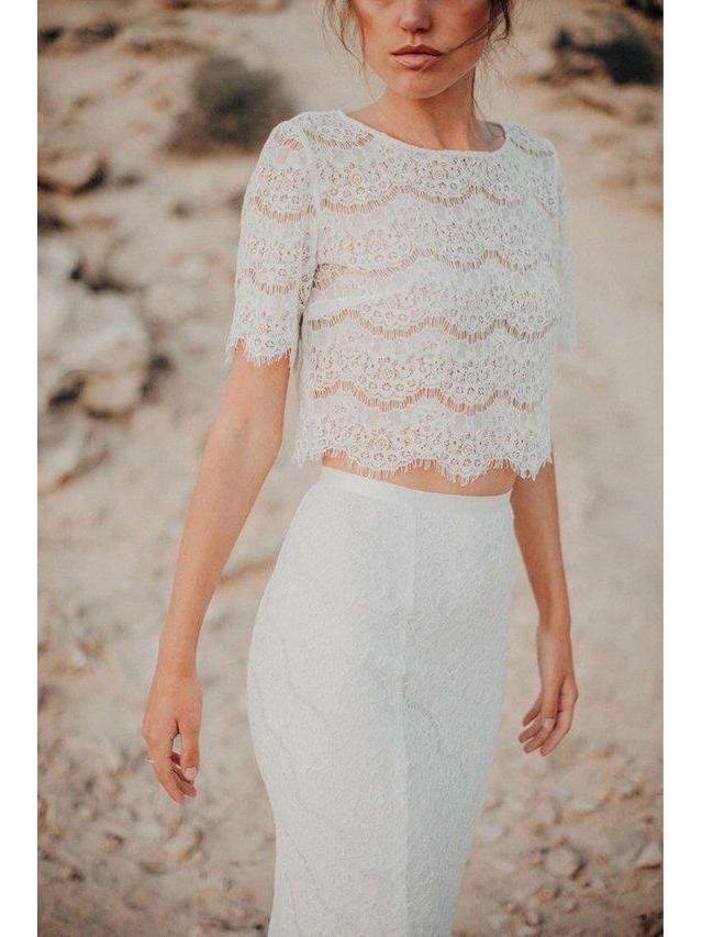 Vestidos de novia de encaje de manga corta y corte sirena de dos piezas para playa